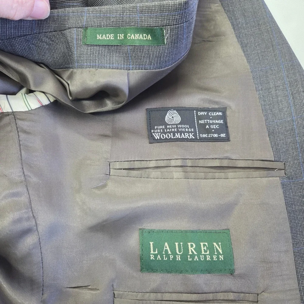 Ralph Lauren Men's Charcoal Blue Plaid Wool Suit 2 Piece Jacket‎ 44R Pants 38x29